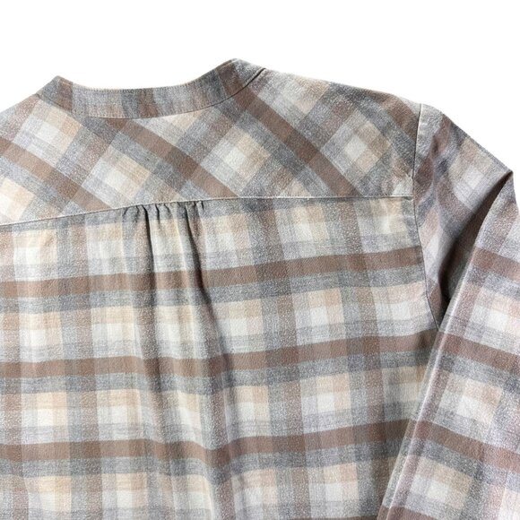 LL Bean Womens Small Plaid Flannel Button Up Shirt Band Collar Soft Beige Brown - Picture 5 of 12